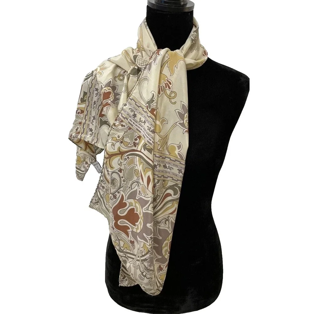 Metropolitan Museum Of Art Womens‎ Scarf One Size Beige Mod Art Floral Leaf Silk